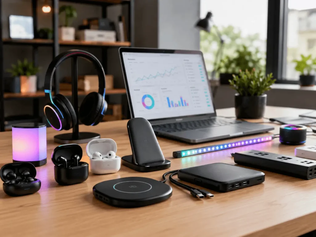 Accessoires high-tech rentables avec setup gaming RGB moderne et gadgets connectés