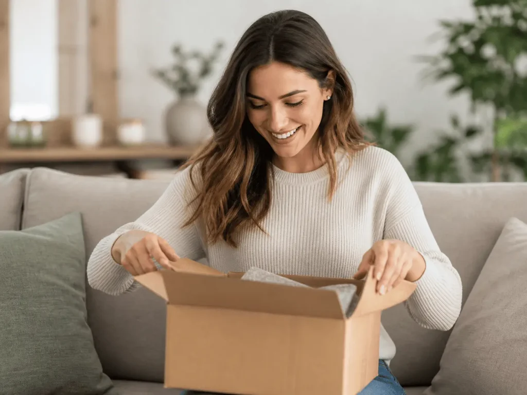 livraison rapide satisfaction client e-commerce femme ouvrant colis satisfaite canapé