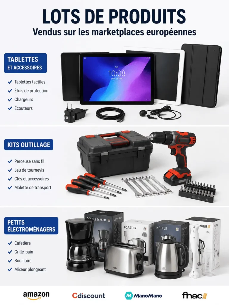 Marketplaces européennes pour lots - tablettes, kits outillage et petits électroménagers