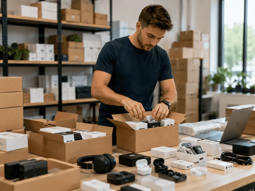Revendeur préparant des commandes d’accessoires high-tech rentables dans un entrepôt e-commerce moderne