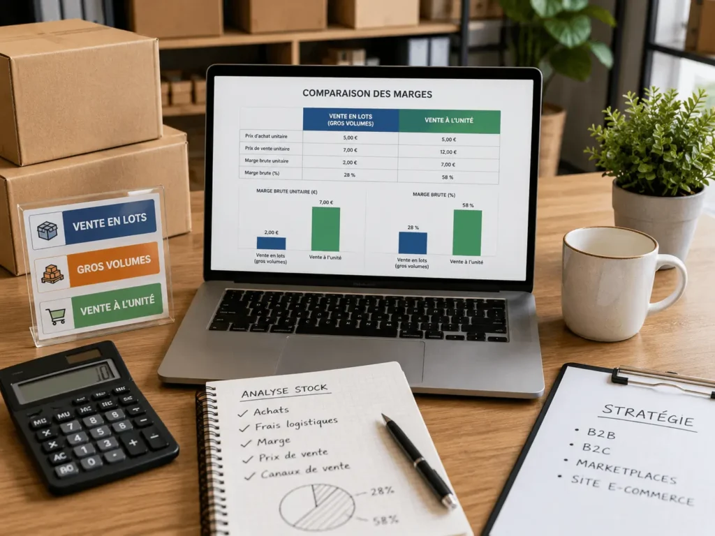 Revendeur de lots organisant son stock et sa marge pour vendre efficacement en B2B ou en B2C