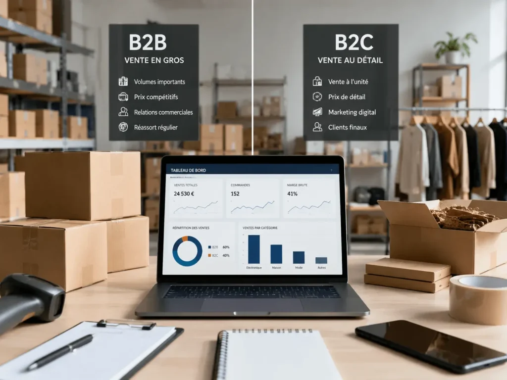 Revendeur de lots analysant la vente en lots ou la vente à l’unité pour comparer B2B et B2C