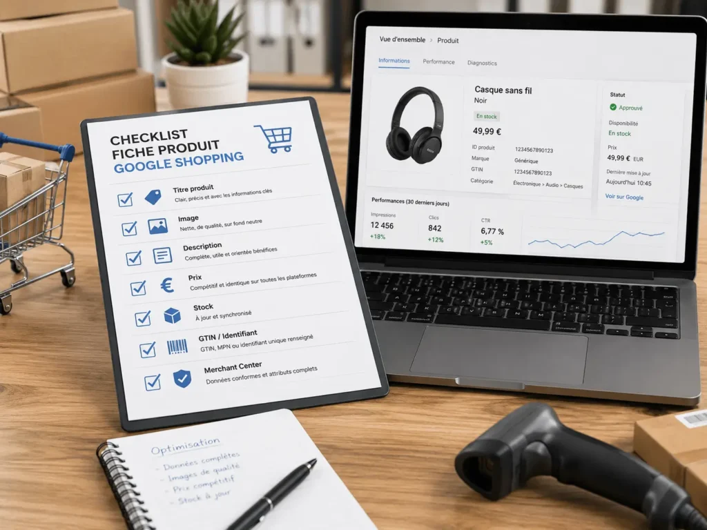 checklist d’optimisation fiche produit Google Shopping avec titre image prix stock et description