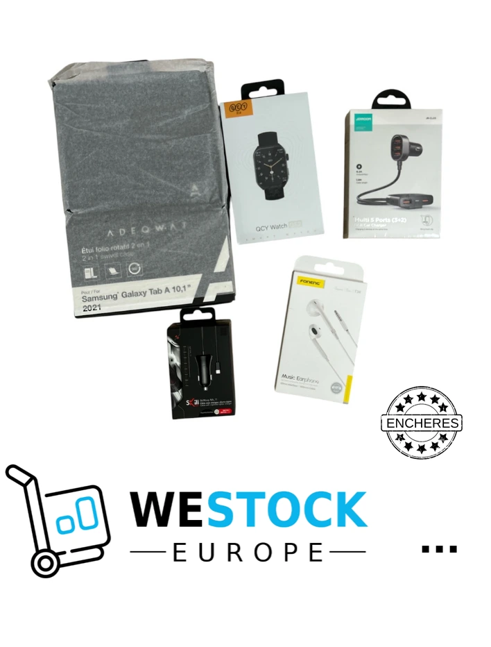 Enchère lot high-tech Montre QCY, Etui Galaxy , Chargeur Jayroom, écouteurs – #572- P.P. lot 57,99€ new