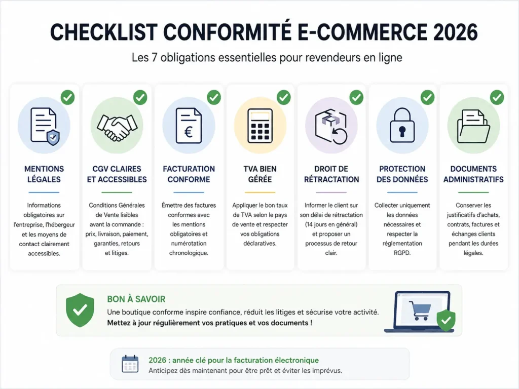 obligations légales e-commerce 2026 avec facturation CGV et TVA pour revendeur