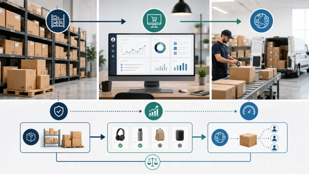 stratégie hybride stock dropshipping comparant stock, dropshipping et modèle hybride