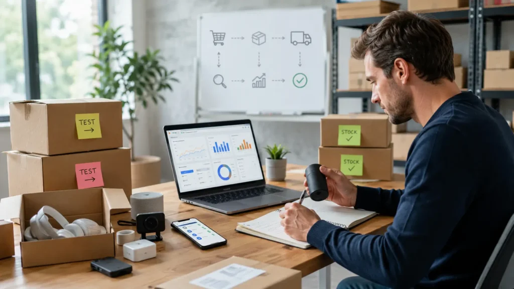 stratégie hybride stock dropshipping avec revendeur analysant les ventes et les produits à stocker
