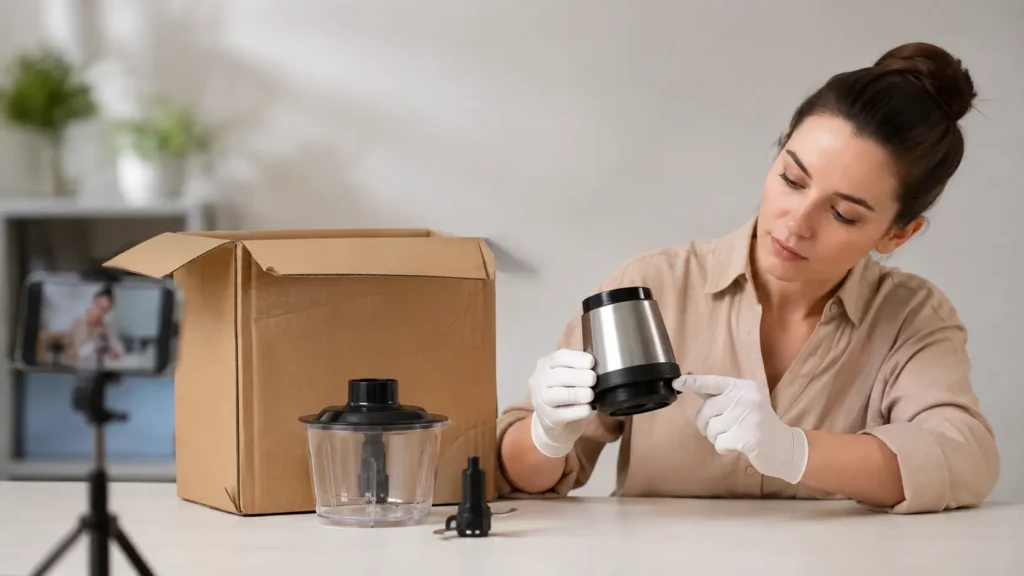 Contrôle et photographie d’un produit réel pour optimiser une fiche produit de déstockage