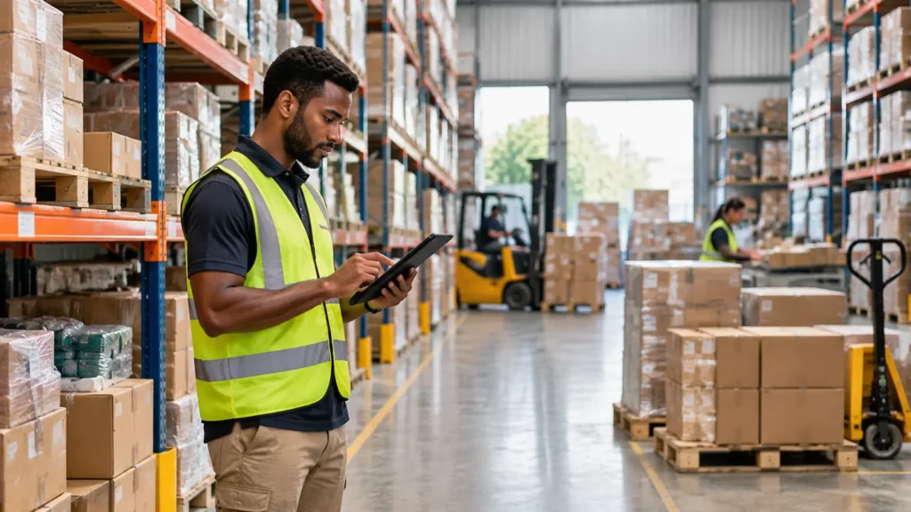 Flux produit e-commerce avec gestion des stocks dans un entrepôt organisé