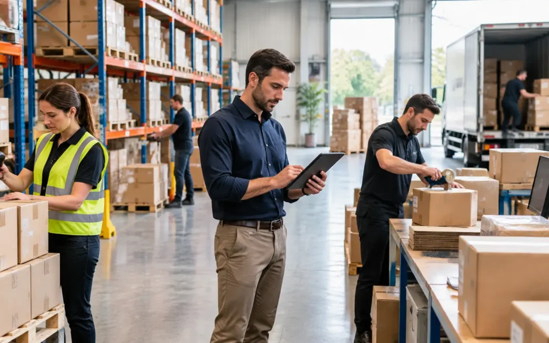 Flux produit e-commerce organisé avec gestion logistique des marchandises