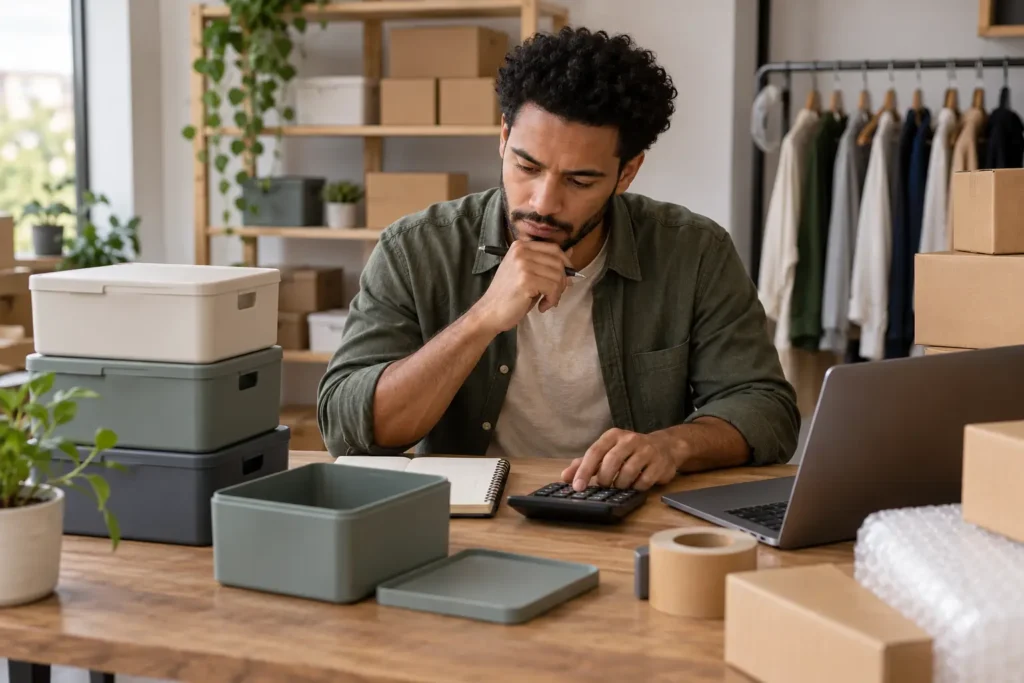 Un revendeur calcule les coûts d’un petit lot avant de tester une tendance produit marketplaces.